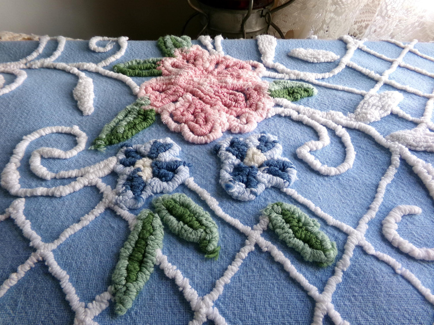 Cottage Romantics Pink Rose Vintage Chenille Fabric, 18.5" x 23" inch Piece, Sky Blue Bkgd, for Pillow Covers, Quilting, Fiber Arts & Crafts