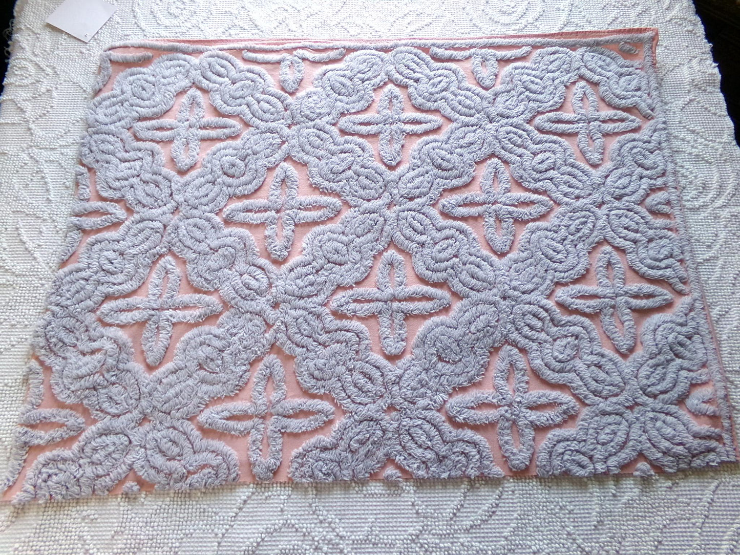 mystic star vintage chenille fabric, plush dusty blue on dreamy pink cotton, for quilting & crafts, 25" x 18" cut piece