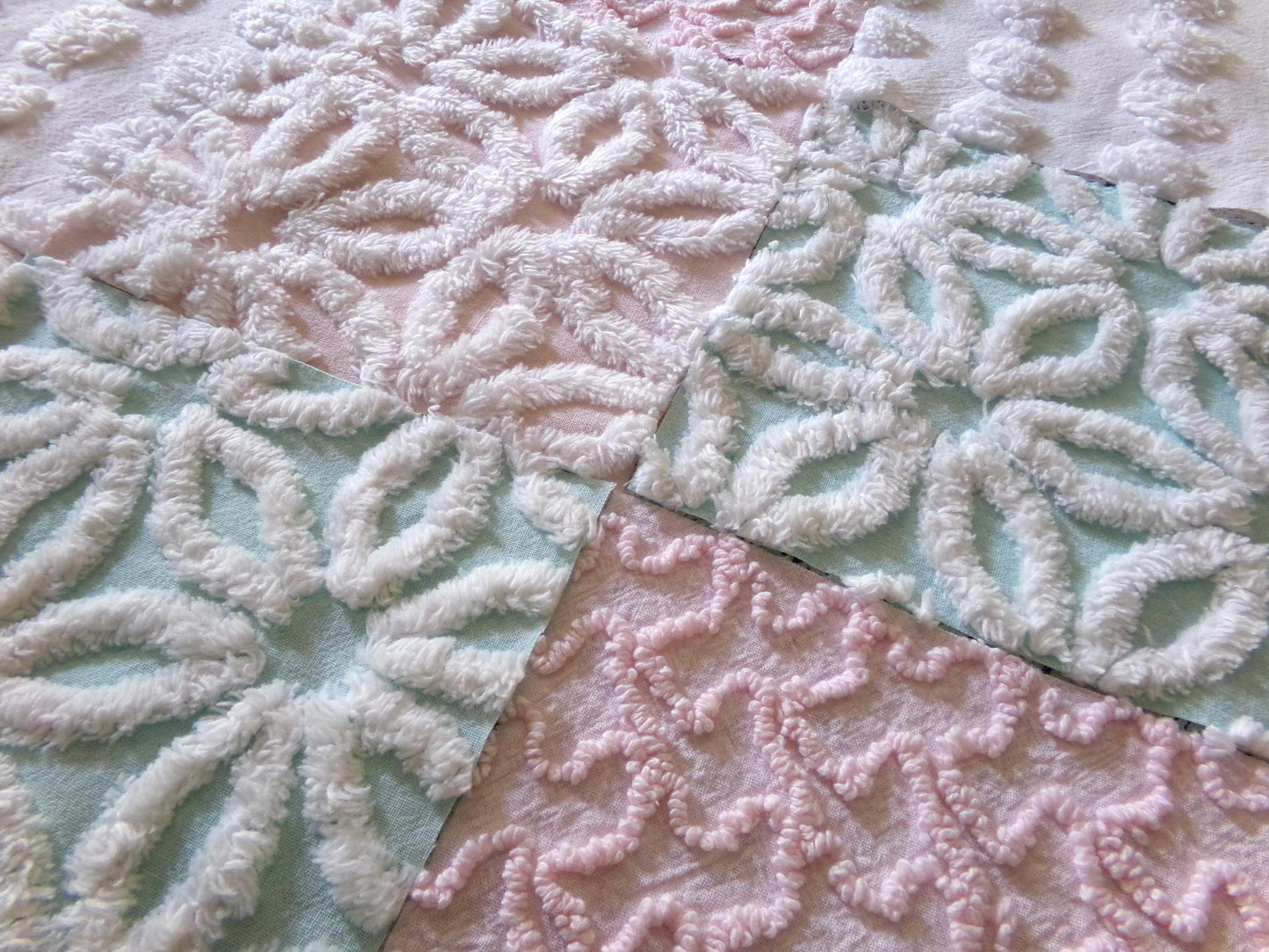 Beautiful Aqua & Pink Chenille Quilt Squares Set from Vintage Bedspread Fabric, 16 Blocks, 6" x 6" inch, Daisy, Squiggle, Polka Dot Patterns