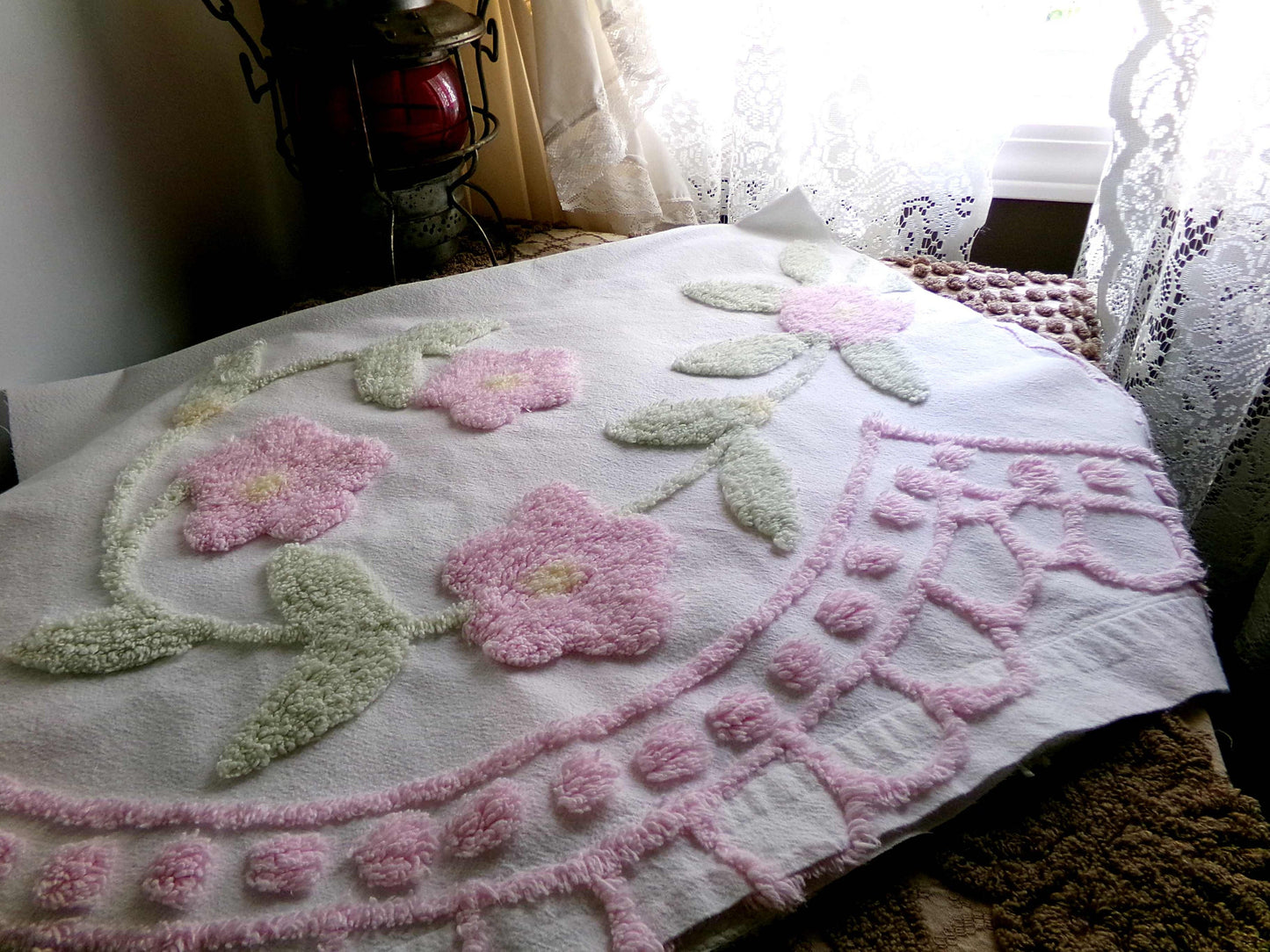 Pink Floral Blooms Vintage Style Chenille Fabric, Lovely Plush Flowers on White Cotton, 21" x 34" inch Piece