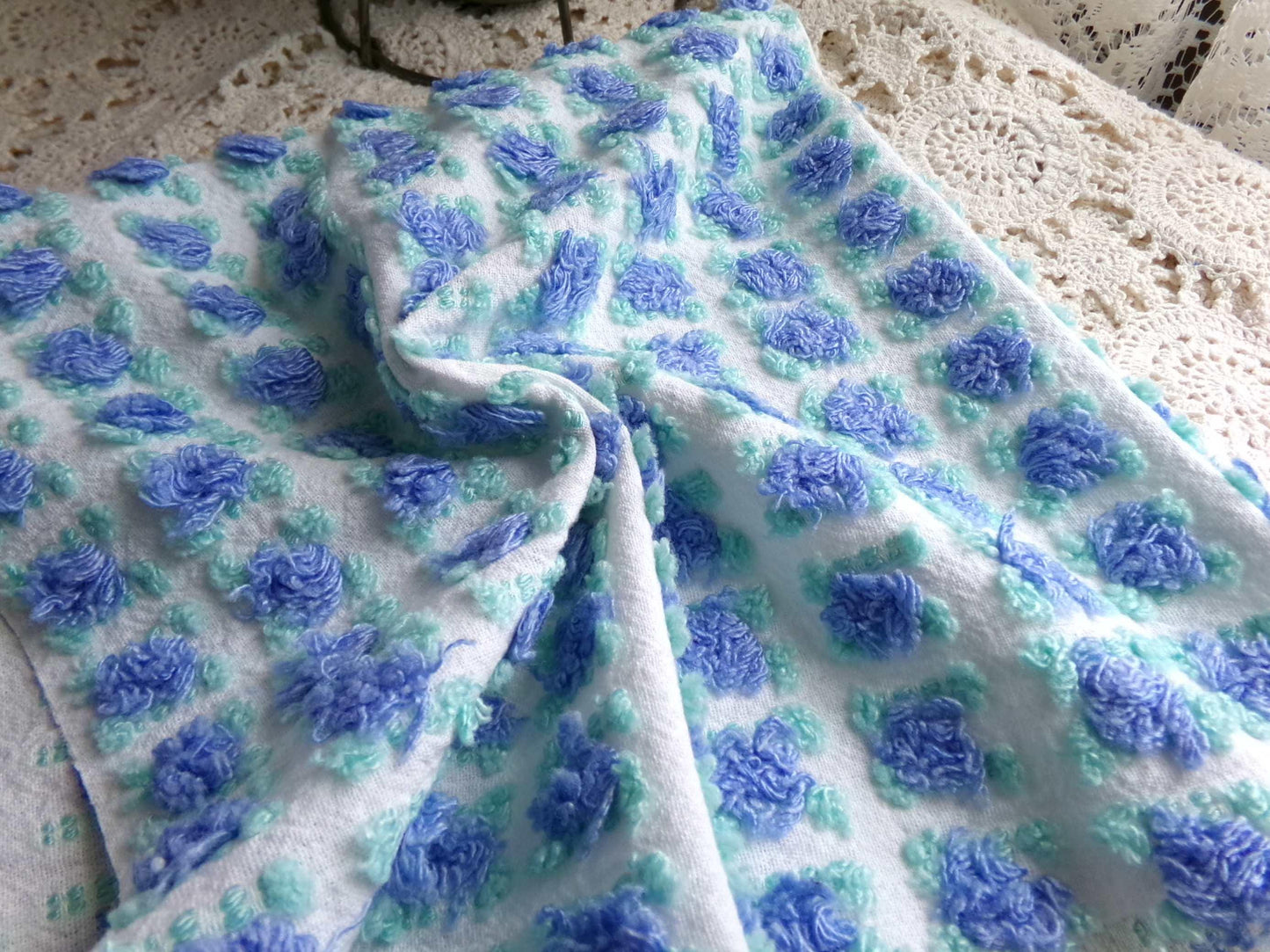 periwinkle blue rosebud chenille fabric, 20" x 24" inch piece cut from NOS vintage chenille bedspread, lovely blue roses quilt material
