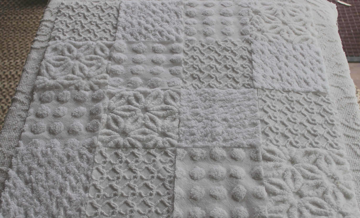Fresh Snowfall Graceful White Chenille Quilt Squares Set, from Vintage Bedspread Fabric, 16 Blocks, 6" inch