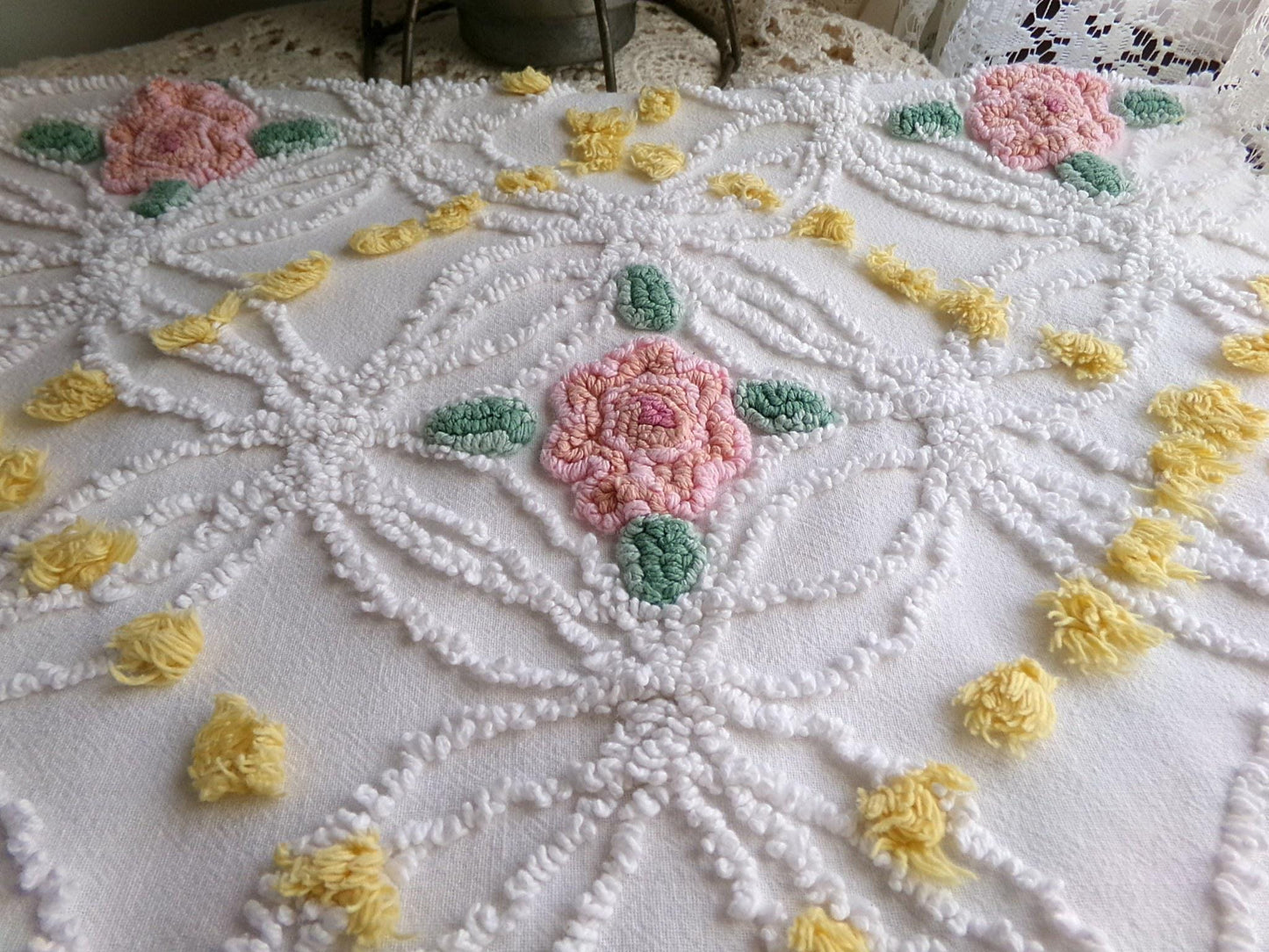 lovely pink rose chenille fabric with goldenrod yellow pops, shabby style 20" x 24" inch piece of sewing material for quilts & crafts