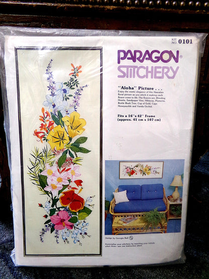 Hawaii ALOHA Crewel Embroidery Kit, Vintage Paragon Stitchery #0101, 16" x 42" Large Tropical Floral Wall Hanging, Georgia Ball Design