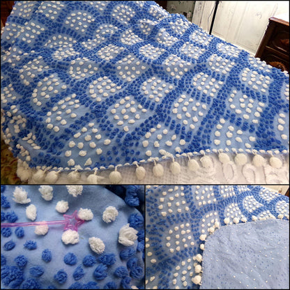 lakeside cottage vintage chenille bedspread, handmade blue & white shell pop scallop design, full size antique cotton bedding pom pom trim
