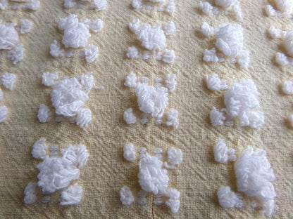 Buttercup Yellow White Rosebud Vintage Chenille Fabric, Cottage Style Tufted Roses, 12" x 24" inch Piece