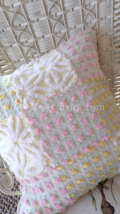 Daisy Rose Romantic Cottage Chenille Pillow Cover 16" x 16" inch Square, REVERSIBLE Accent Pillow, Vintage Shabby Patchwork Design
