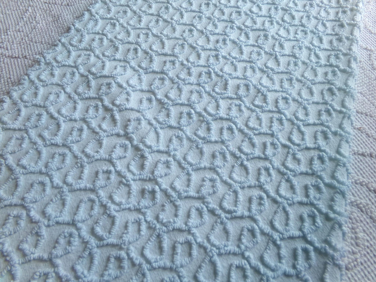 blue curly loops vintage chenille fabric, texturized unique needletuft pattern, 18" x 24" piece for quilts, fiber arts, sewing