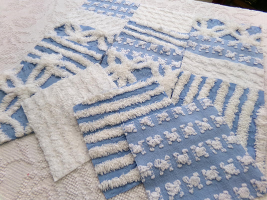 relaxing coastal blues vintage chenille fabric squares, set of 16 quilt blocks, 6" each in coastal colors blue, white