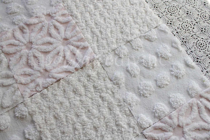 Baby's Breath Chenille Fabric Squares Set in White & Pink, Cut from Vintage Chenille Bedspread Material, 16 Blocks, 6" x 6" inch each