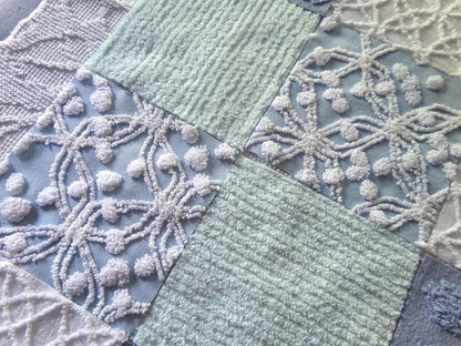 Chenille Fabric Squares Set, "Beach Life", 16 Vintage Quilt Blocks, 6" inch in Blue, Cool Aqua & White