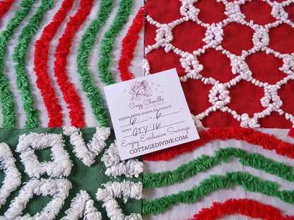 Christmas chenille fabric squares, red, white & green, 16 vintage quilt blocks 6" x 6" inch, for xmas stockings, pillows, quilting, crafts