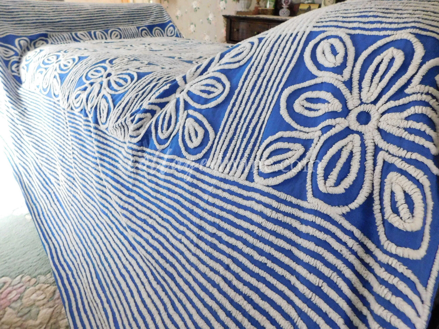Shabby Chic Coastal Cottage Royal Blue Bold Floral Vintage Chenille Bedspread, FULL, Cotton
