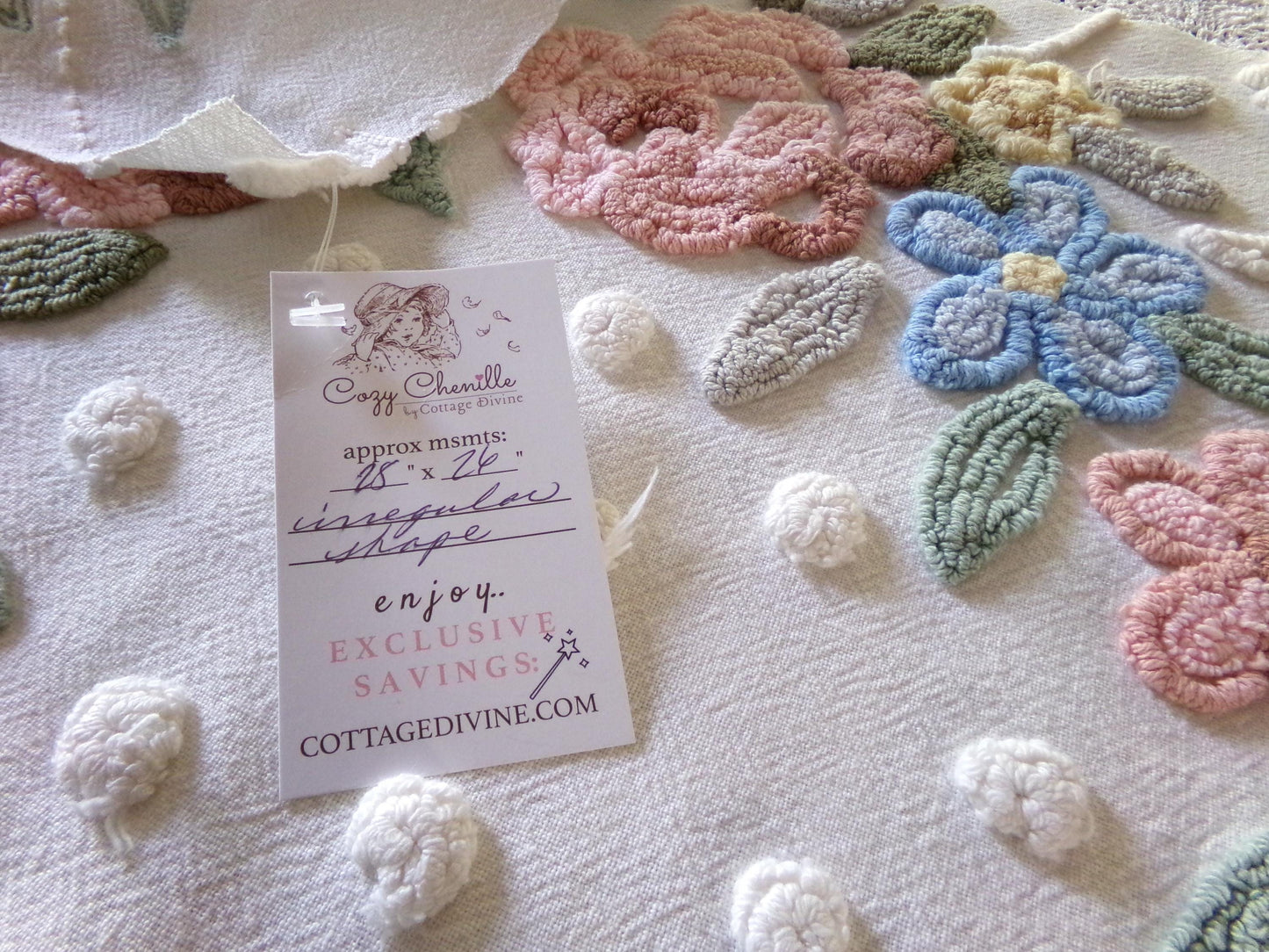 Romantic Cottage Chic Vintage Chenille Fabric, 28" x 26" Piece, Needletuft Floral Wreath Ivy Bow, for Quilting, Sewing, Fiber Arts, Crafts