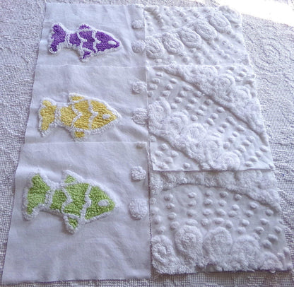 school of fish chenille fabric squares, set of 6 large 9.5" square quilt blocks, fun fishies & plush white swirl dots