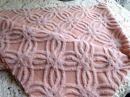 vintage chenille fabric, warm clay mauve geometric wedding ring design, 17" x 28" inch piece for sewing & crafts