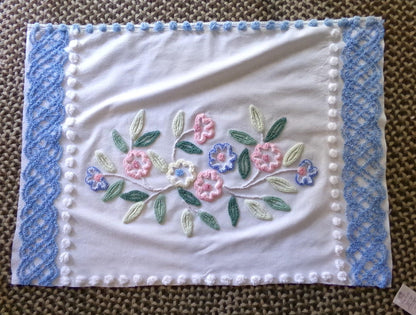 cottage style shabby pink & blue florals vintage chenille fabric, large 24" x 35" inch piece, so pretty for a pillow