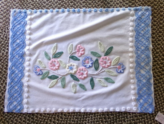 cottage style shabby pink & blue florals vintage chenille fabric, large 24" x 35" inch piece, so pretty for a pillow
