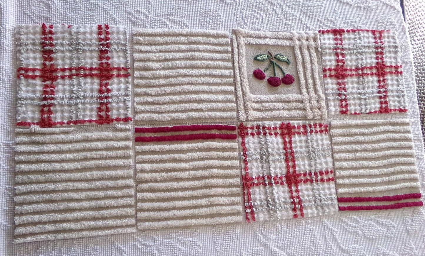 cheery cherry chenille quilt squares, 7.5" vintage fabric blocks, set of 8 in grey, white, maroon