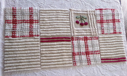 cheery cherry chenille quilt squares, 7.5" vintage fabric blocks, set of 8 in grey, white, maroon