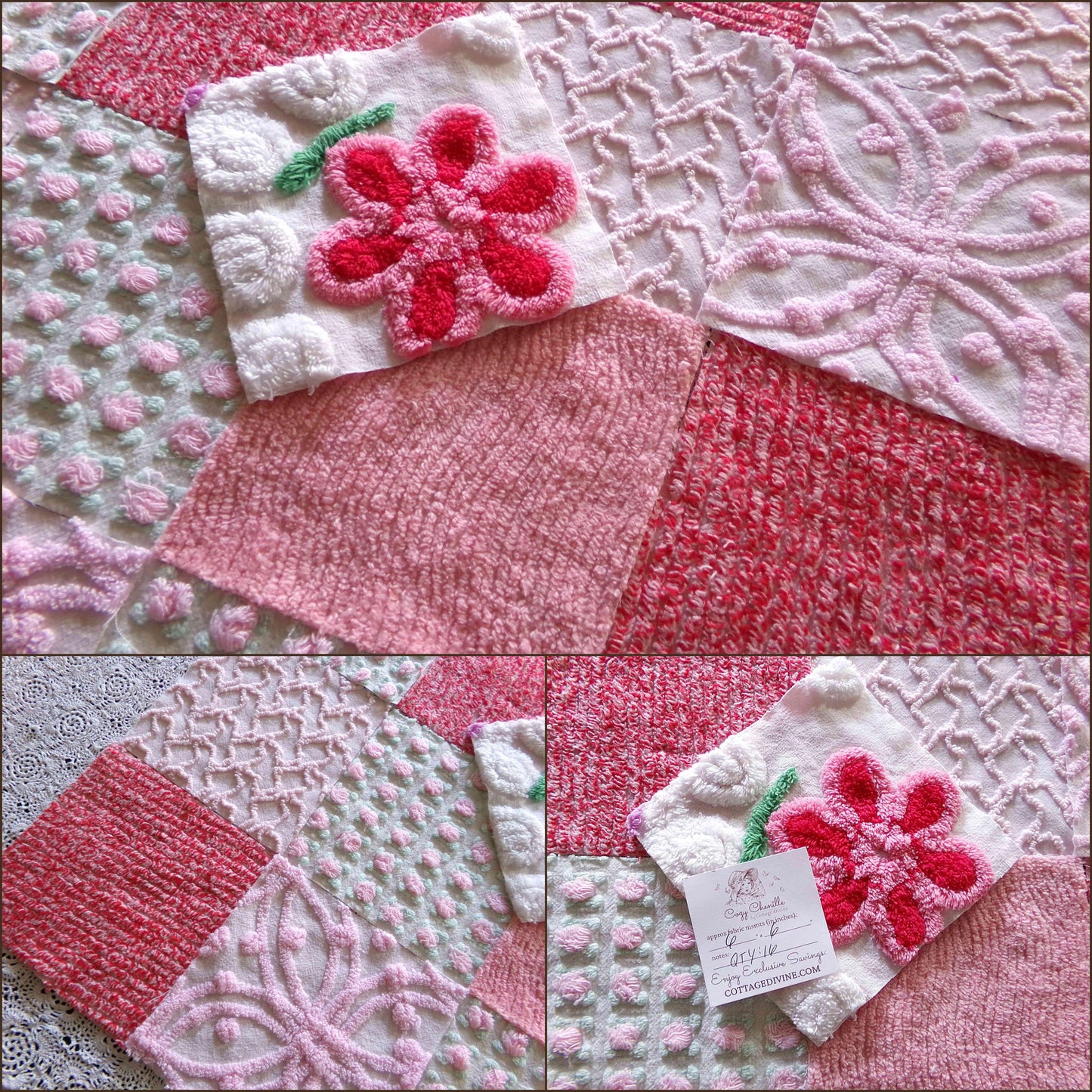 Sweet Kisses Chenille Fabric Squares Set in Pink, Red, White, 17 Blocks, 6" inch ea, Great Range of Textures & a Pretty Flower Block