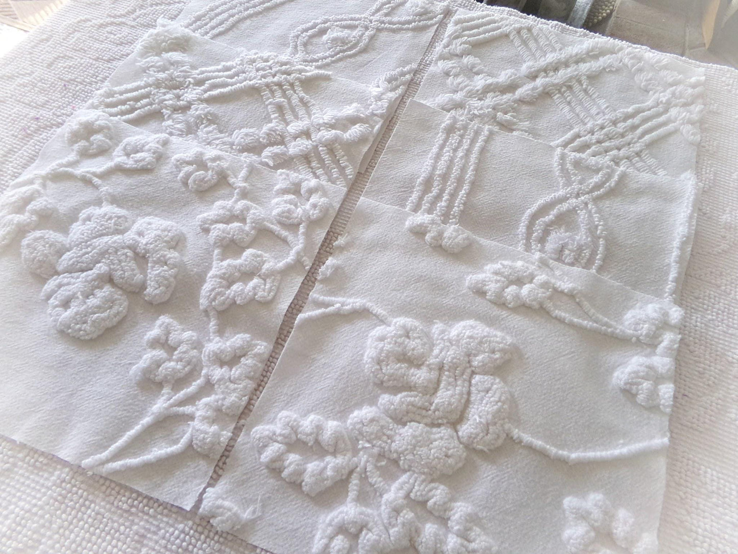 vintage ivy rose chenille fabric squares, 9.5" each, set of 6 white quilt blocks, elegant floral & geometric prints for sewing, crafts