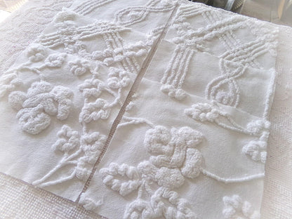 vintage ivy rose chenille fabric squares, 9.5" each, set of 6 white quilt blocks, elegant floral & geometric prints for sewing, crafts