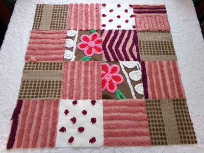 chocolate cake vintage chenille fabric squares, set of 16 yummy 6" craft blocks in brown & mauve pink for quilt inlays, pillows, fiber arts