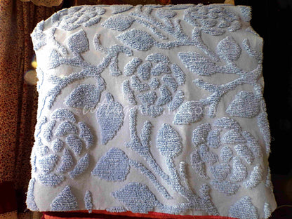 Sculpted Rose Vintage Chenille Quilt Fabric, 28" x 24" inch Piece, Tranquil Dusty Blue Cotton
