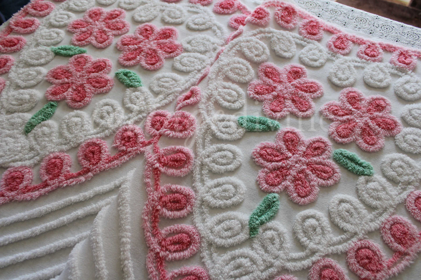 Pink Rose Candy Hearts Vintage Chenille Fabric, 27" x 42" Inch LARGE Piece, Cute Floral Trios on White Cotton, Great for Quilting & Pillows