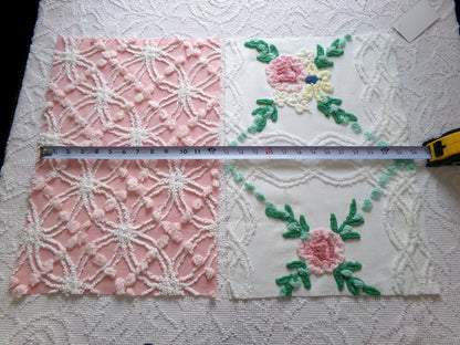Cottage Style Vintage Chenille Fabric Bundle for Sewing, Quilting in Pink Floral, White & Green | 2 Pieces 12" x 18" each