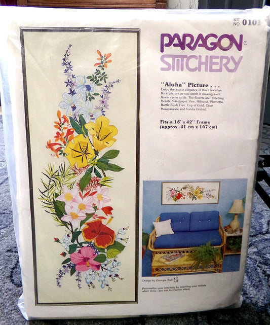 Hawaii ALOHA Crewel Embroidery Kit, Vintage Paragon Stitchery #0101, 16" x 42" Large Tropical Floral Wall Hanging, Georgia Ball Design