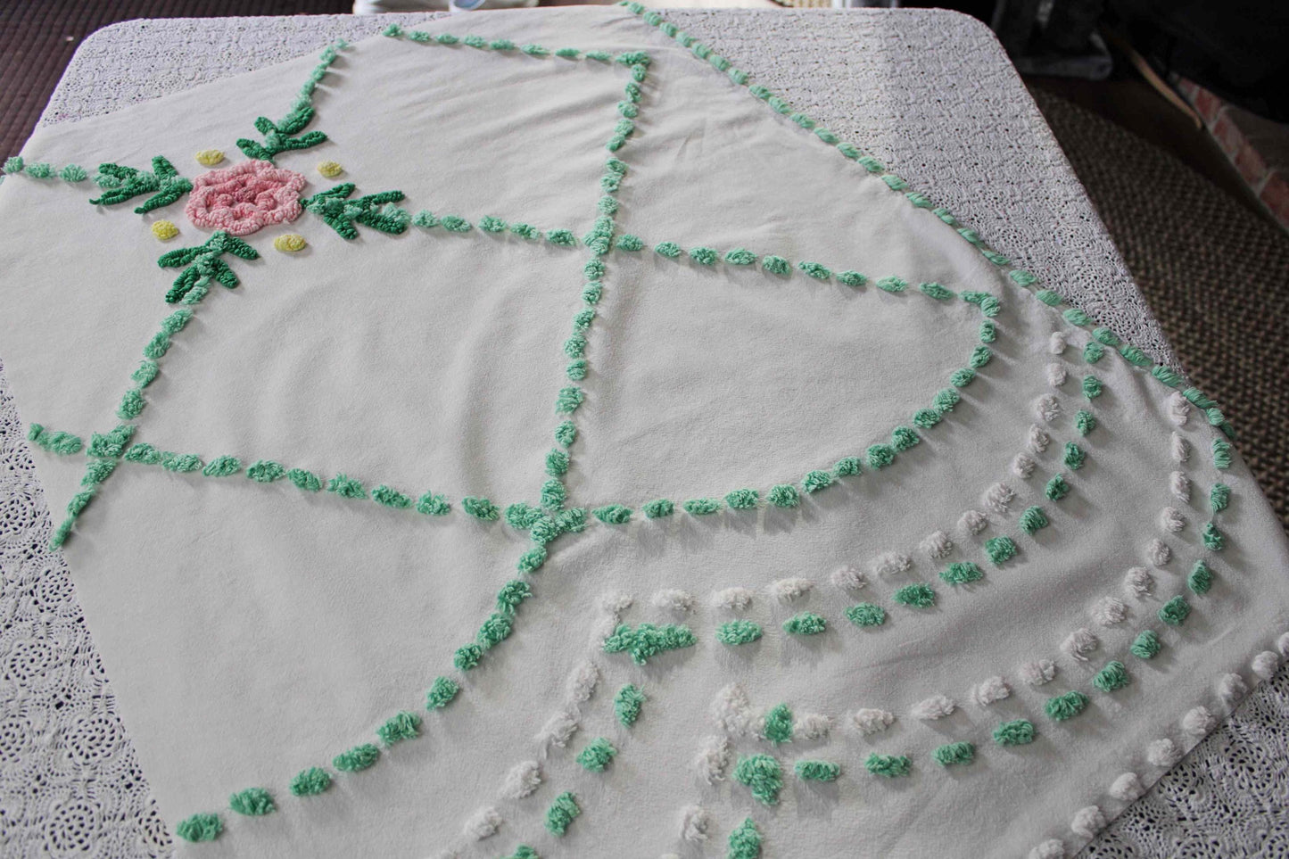 simple floral vintage chenille fabric, 32" x 23" cut piece, jadeite & white pops with pink rose flower, lightweight cotton