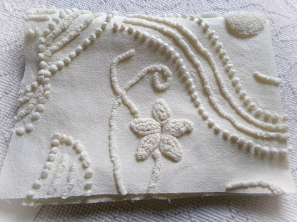 stylized ivory roses vintage chenille fabric, 100% cotton 16" x 21" cut piece w/ sprawling heavily tufted rose design for crafts, sewing