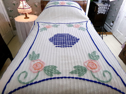 Cottage Style Vintage Chenille Bedspread, Lovely Pink Roses on White Cotton, TWIN Size Summer Coverlet