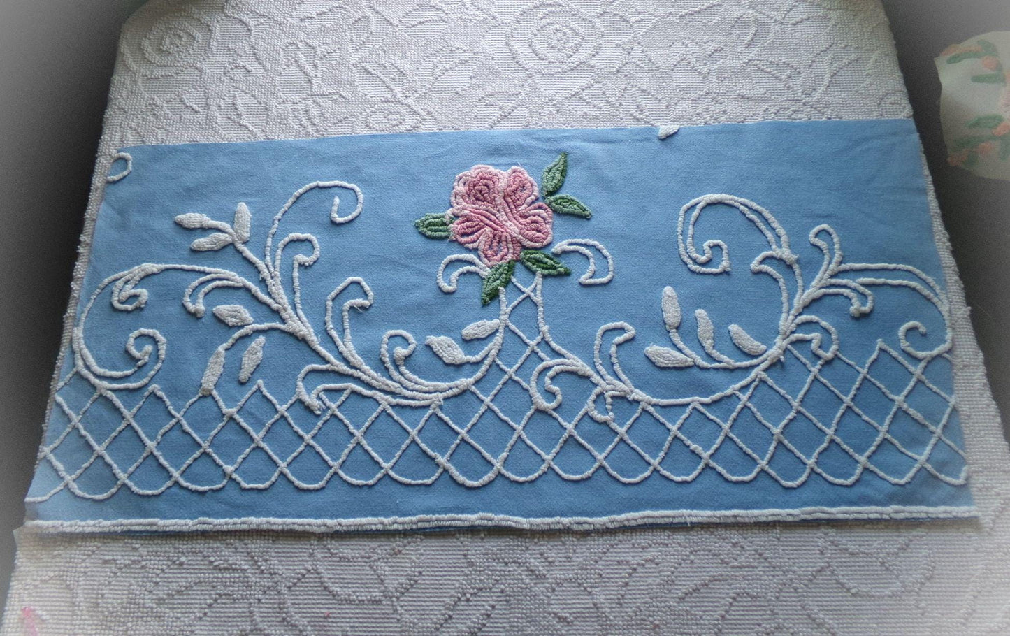enchanted pink rose vintage chenille fabric, blue floral sewing material, 15" x 30" inch piece for wallhanging, quilts, fiber arts