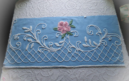 enchanted pink rose vintage chenille fabric, blue floral sewing material, 15" x 30" inch piece for wallhanging, quilts, fiber arts