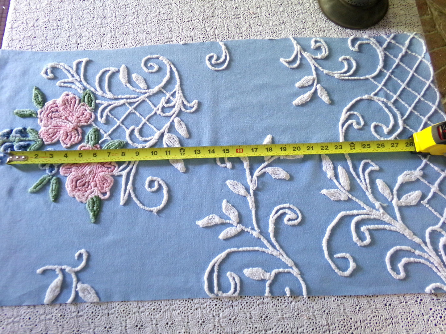 Most Beautiful Old Rose Vintage Chenille Fabric, 17.5" x 32" inch Piece, White Trellis & Scrollwork on Sky Blue Cotton, for Quilts, Pillows