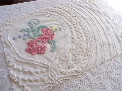 Romantic Cottage Chic Lily Vintage Chenille Quilt Fabric Piece, 19" x 26" inches, Pretty in Pillows