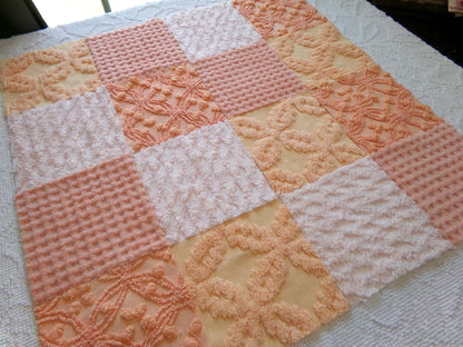 bliss peach chenille fabric squares, set of 16 vintage craft quilt blocks 6" inches, geometric designs for quilt inlays, pillows, fiber arts
