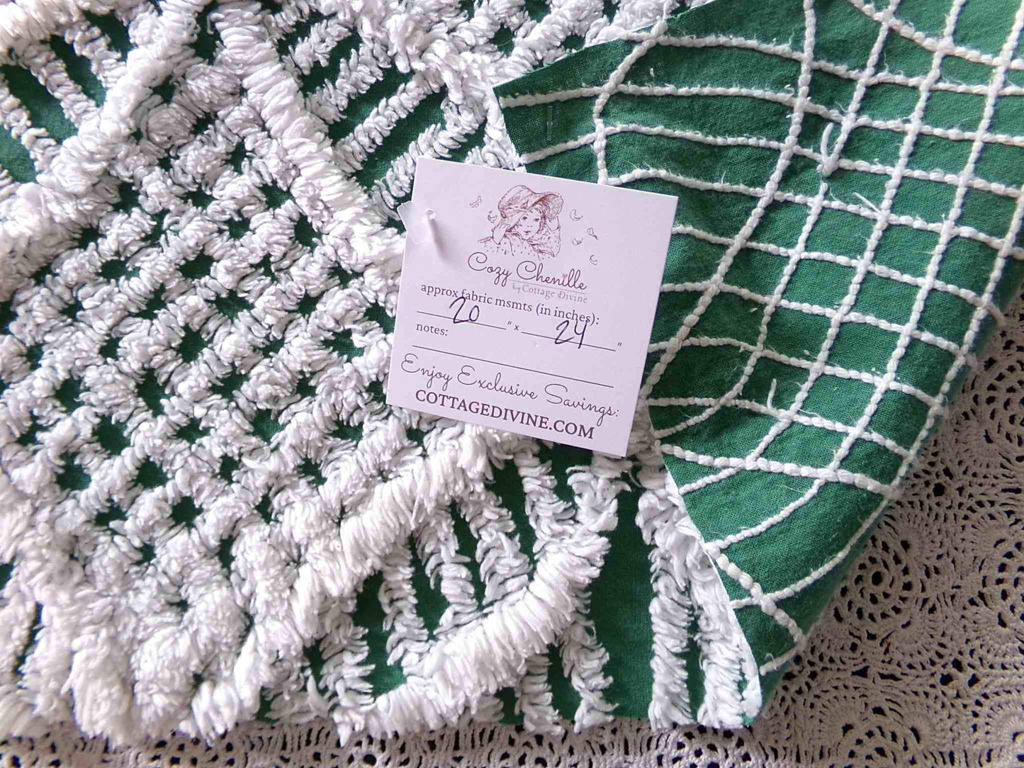 Rich Green Vintage Chenille Fabric, 20" x 24" inch Piece, Plush White Wedding Ring Geometric Design
