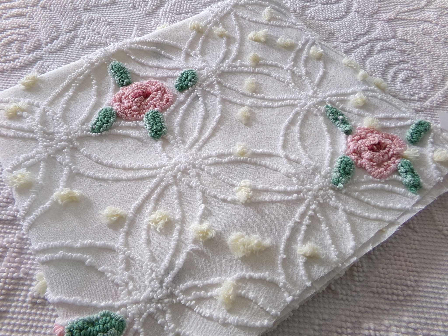 Shabby Cottage Rose Chenille Fabric, Vintage Thin Lightweight Cotton Sewing Material in Pink Florals on White, 21" x 26" inch Piece