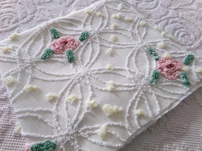Shabby Cottage Rose Chenille Fabric, Vintage Thin Lightweight Cotton Sewing Material in Pink Florals on White, 21" x 26" inch Piece