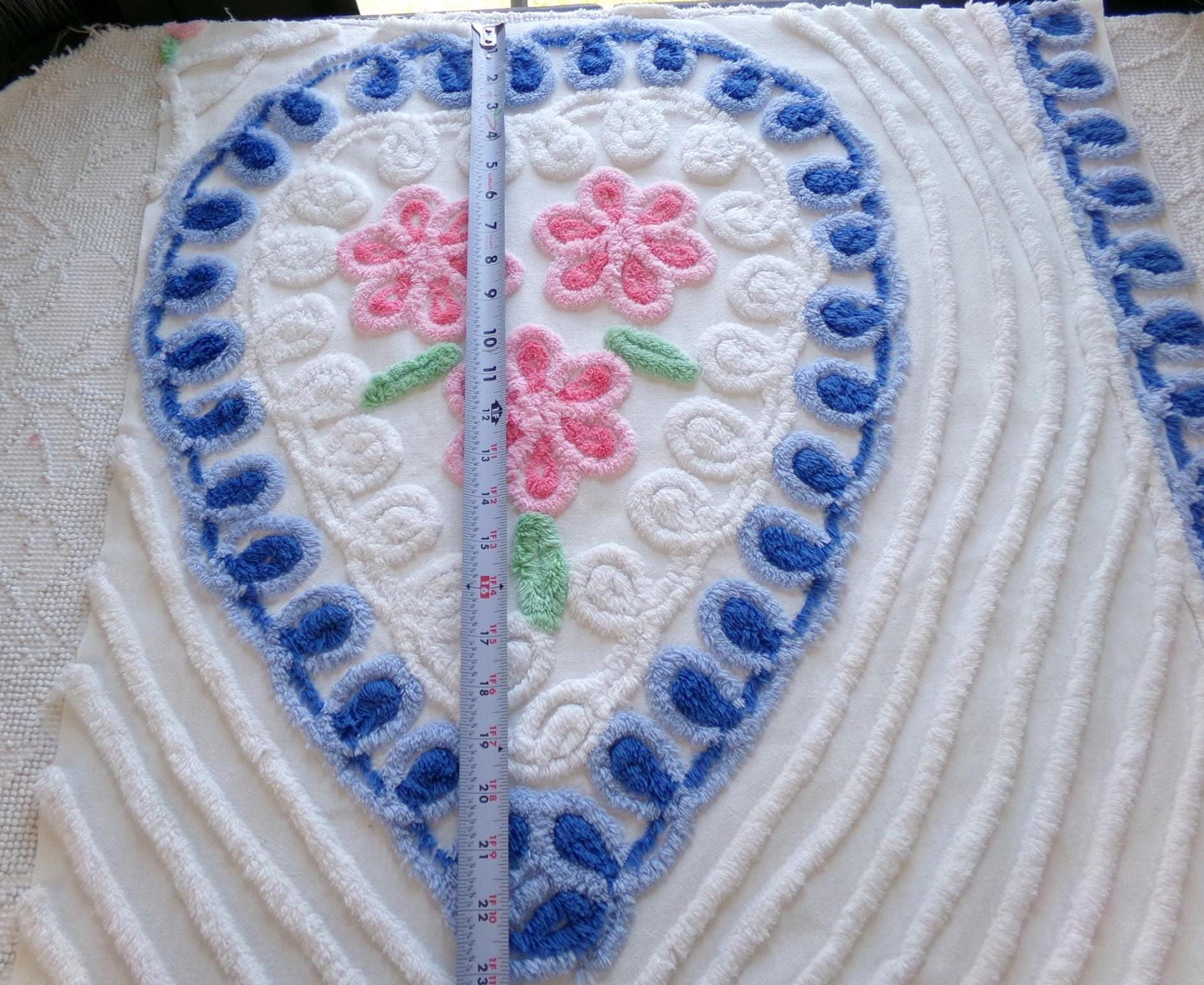 sweet 'n shabby vintage chenille fabric, pink & blue rose heart design, 24" x 25" piece of sewing material