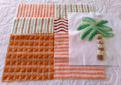 chenille fabric squares, set of 6 large 9.5" square quilt blocks and 1 palm tree 12.5" square, tropical fun & great texture