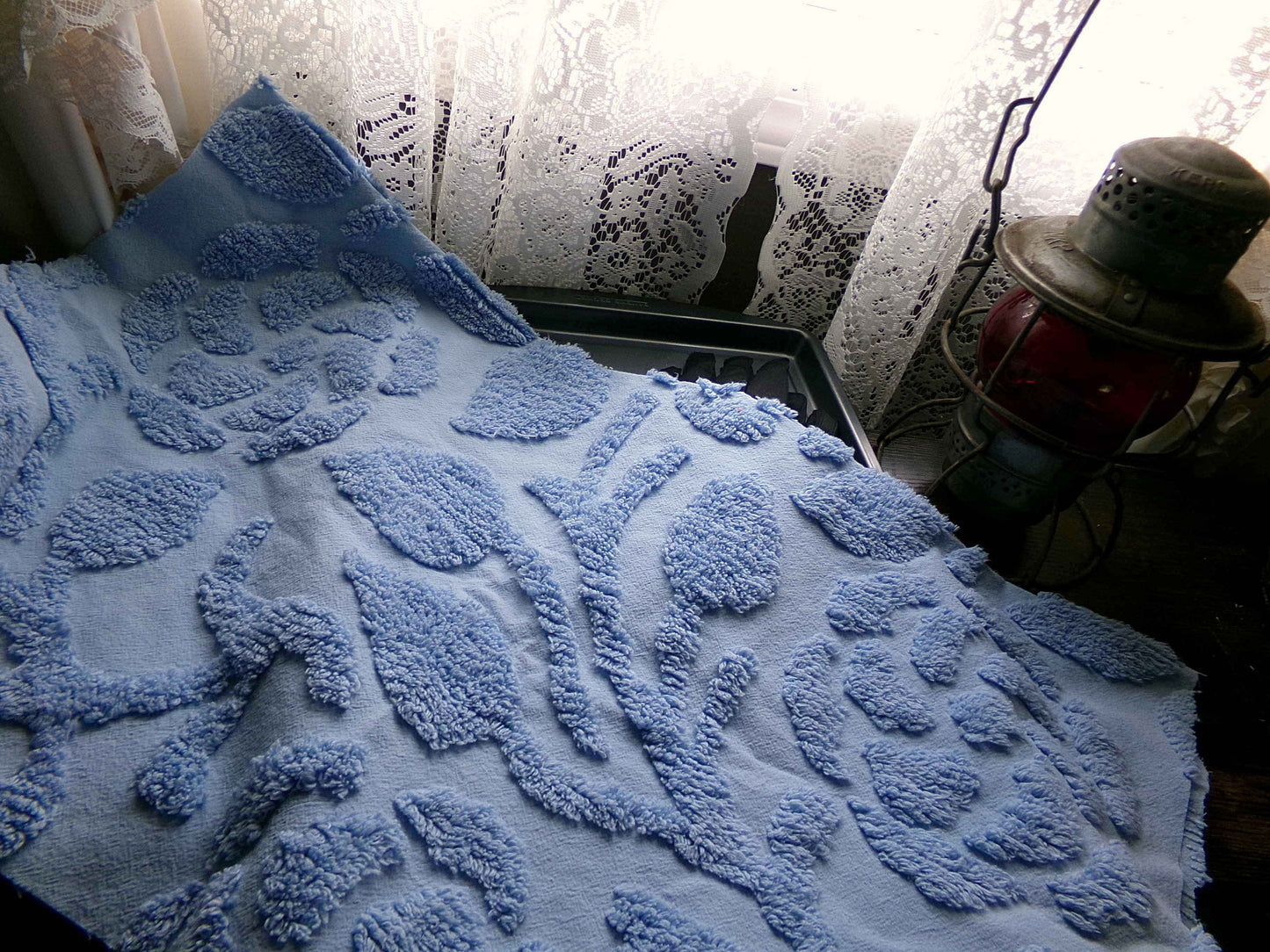 Stylized Roses Vintage Chenille Quilt Fabric, 30" x 26" inch Piece, Soothing Dusky Blue Rose Blooms, 100% Cotton