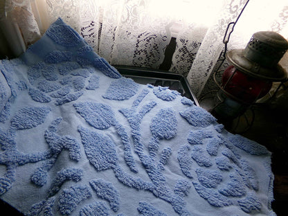Stylized Roses Vintage Chenille Quilt Fabric, 30" x 26" inch Piece, Soothing Dusky Blue Rose Blooms, 100% Cotton