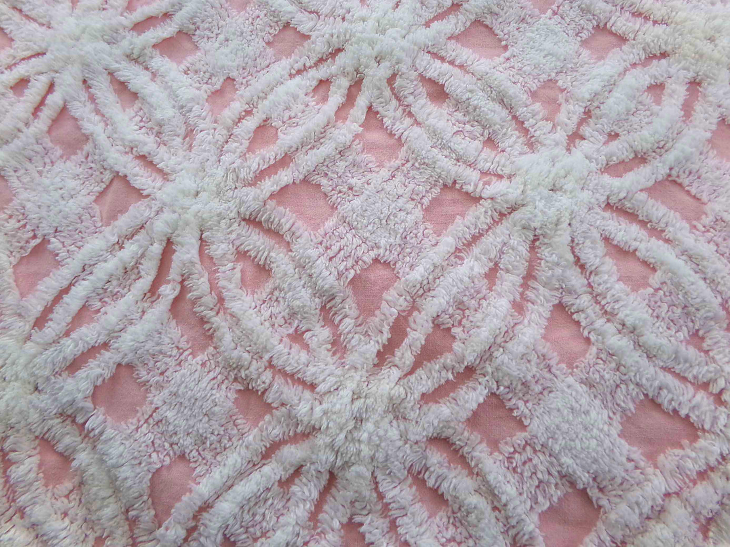quilter's favorite chenille fabric, classic pink & white spider tufted sewing material, 20" x 24" inch piece from vintage chenille bedspread