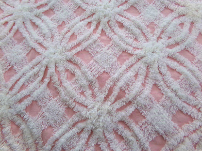 quilter's favorite chenille fabric, classic pink & white spider tufted sewing material, 20" x 24" inch piece from vintage chenille bedspread