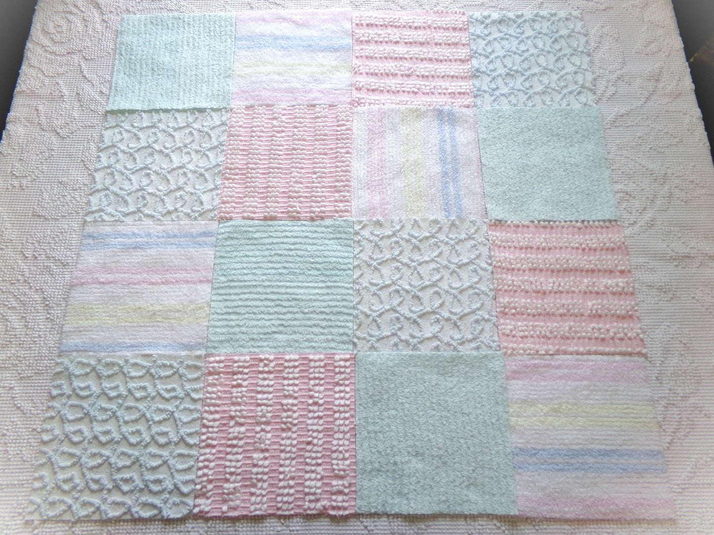 vintage chenille fabric squares, "summer rainbow" set of 16 pastel 6" quilt blocks, gentle geometric patterns, for quilting, crafts & sewing